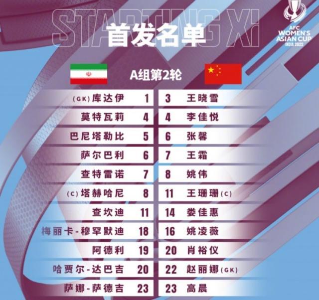 开云注册-中国女足VS伊朗女足：王霜搭档王珊珊 门将赵丽娜